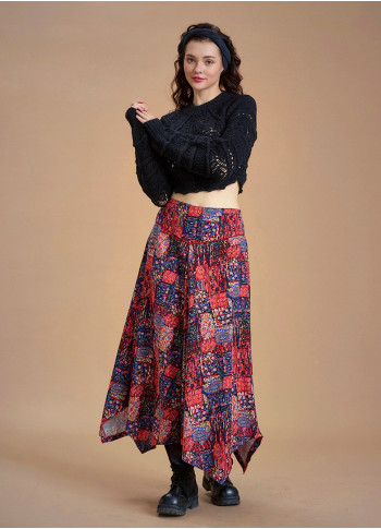 Red Printed Asymmetrical Hem Flared Midi Skirt